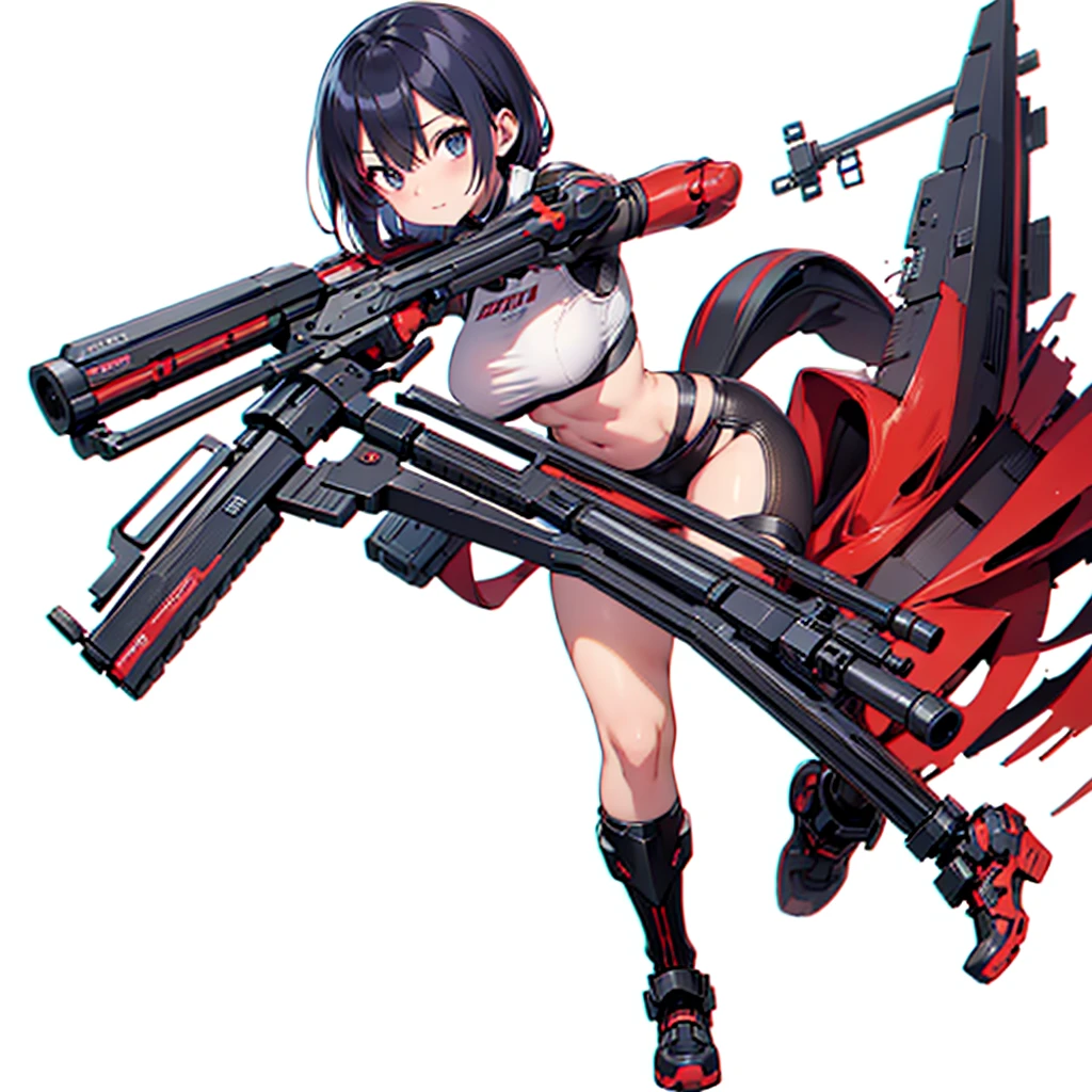 (masutepiece, Best Quality), (Perfect athlete body:1.2), (detailed hairs), Ultra-detailed, Anime style, Full body, Cyberpunk Ninja Gunner Girl, Wearing Techwear, Red Accessories, Wielding a huge high-tech gun, Black and white hair, stew, Mechanical arm guard, Wear high-tech boots, 8K High Resolution, trend artstation, White background, Standing in the wasteland, Whole body,