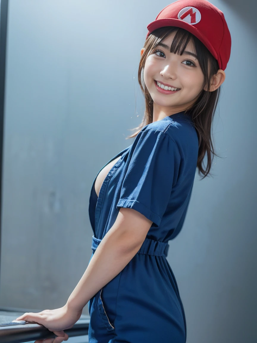 (8k, RAW Photos,Highest quality, High resolution:1.1), (Ultra-realistic:1.4),(Realistic, Realistic:1.3),The Beauty of Japan、1 person、((smile:1.2))、A girl cosplaying as Super Mario, Mario,Red Hat,naked:1.3、Blue jumpsuit、whole body、Butt、Game Background