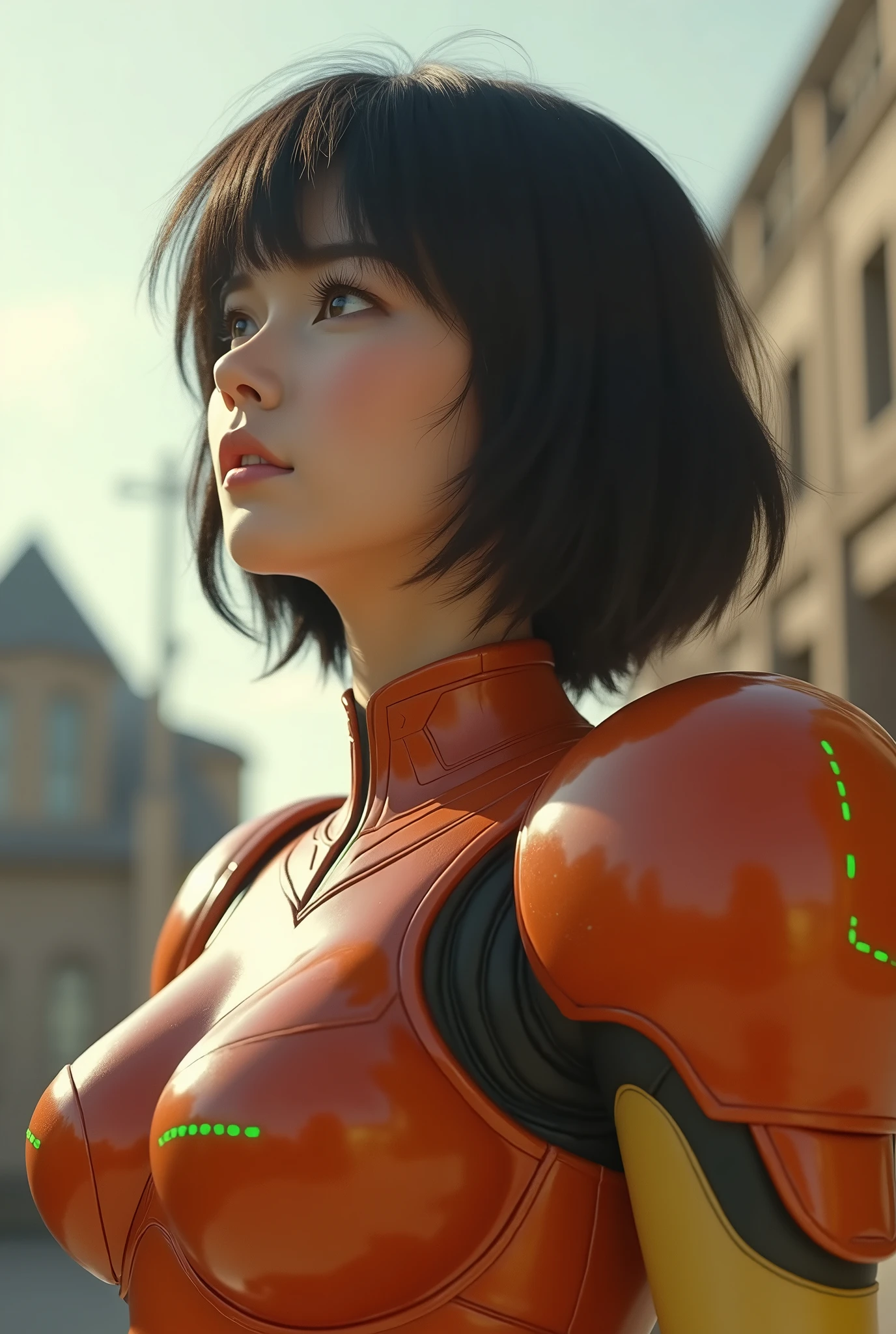 humanoid, gears, golden and red, big eyes, yellow cable, sleek and polished, bokeh, depth of field, ancient but futururistic, desert, ,Photojournalism photo, shot on Kodak Ektar 100, Natural Light, using a Sony A7R IV, Anamorphic lens, Medium Shot angle, in the style of Helmut Newton, in a Nostalgic atmosphere