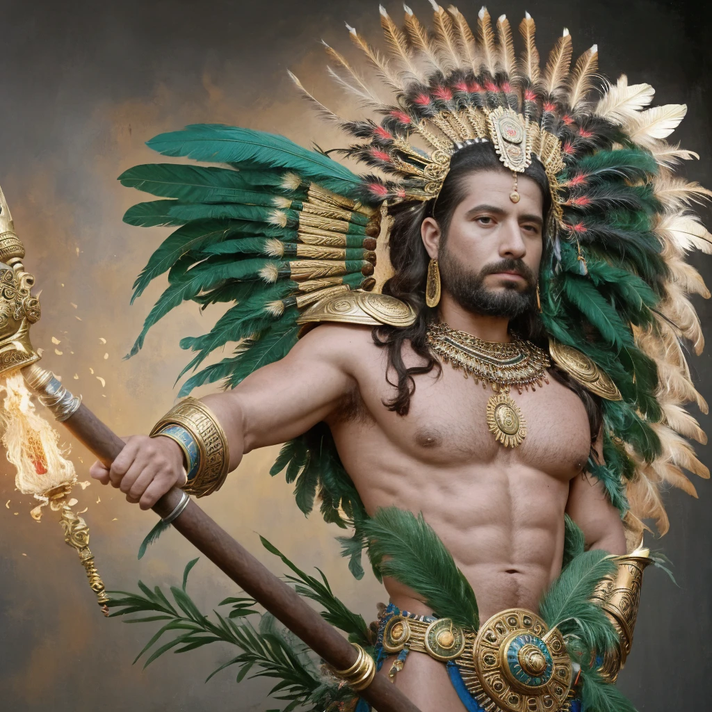 A highly detailed, photorealistic painting of Huitzilopochtli, the Aztec warrior god, wearing an elaborate feather headdress, intricate face paint, and a muscular, divine physique adorned in golden armor, holding a scepter and hummingbird symbol, surrounded by a vibrant, burning background that evokes the mysticism and power of ancient Mesoamerican civilizations, with precise brushstrokes, dramatic lighting, and luxury materials, creating an inspirational, masterful work of art that captures the essence of this legendary figure.