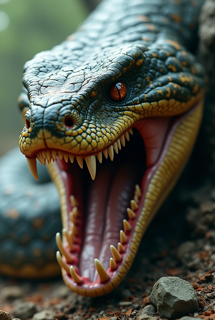 the mouth of a snake, seen from a profile angle, with its mouth open, with several teeth in its jaw, saliva between the teeth, high detail and realism, unreal engine 5.8k --ar4:5 -- v5 --q 2 --s 1000