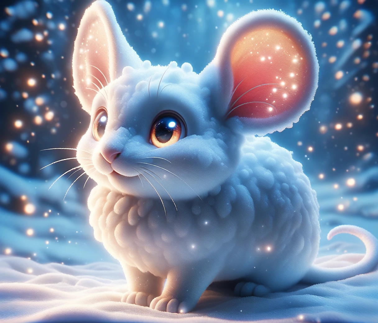 a small white mouse with big ears, large eyes, very fluffy, running happily, standing alone, maroon_eyeballs, plein-air, giorno, Tree, human clothes, naturey, forst, beautiful lighting