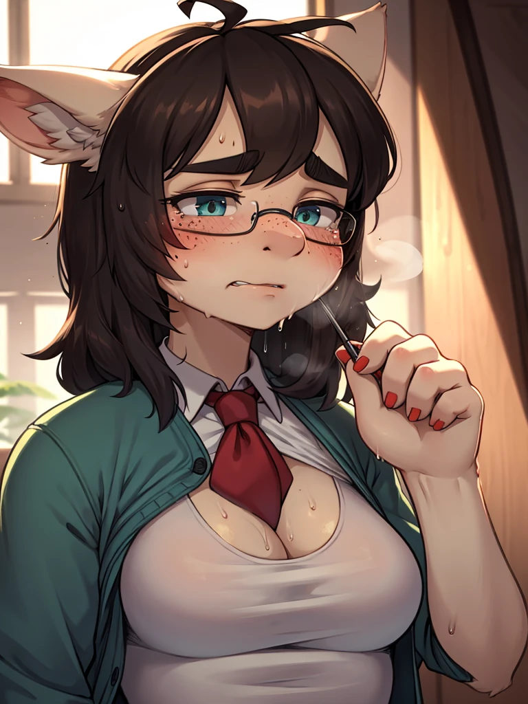 (A furry girl sitting alone leaning backwards)), short black hair, wearing a pink choker, wearing pink bra, wearing pink thongs, wearing glasses, ( average body type ), ( Average size breast ), side view camera, shy, embarrassed, wet, blushing, mouth open, lewd, drooling mouth, chest is wet, sweating, side view shot, sexy posed, lone world,she is alone in the world, nobody is in the world except her, side view shot, side view, wearing oversized pink bra, lonely world, nobodys in the world only her, heart expression, side view shot, side body, no background people