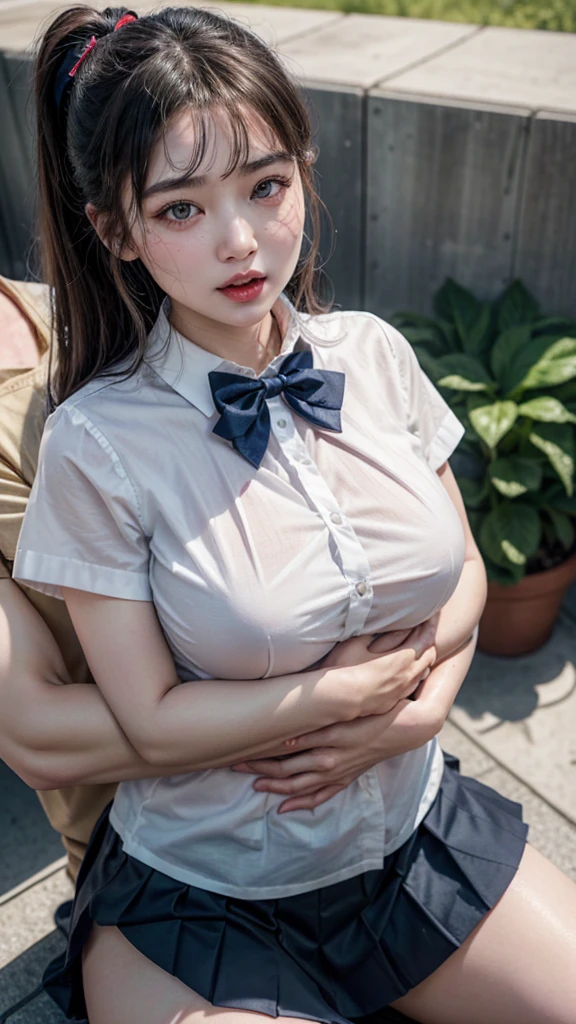 1man, 1girl,nsfw,arms raised in the air,small breasts,(breasts grab:1.6),intercourse with a man,cowboy shot,(8K,expensive_solve), (clear_image), Highly detailed CG, ((Highest quality), Beautiful face,(blush:1.6),(close eyes:1.2),open mouth,(long hair,drill hair,topknot,side bun,dark brown hair,white hair ribbon,bright,flower hair ornament),gleaming skin,sweat,over-kneehighs,skirt,bowtie,gleaming skin,(sweat,perspired:1.3)