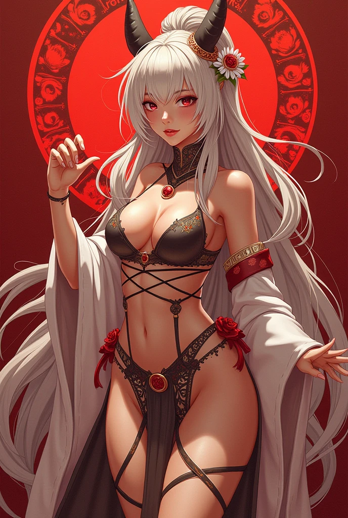 masterpiece,best quality,1girl,fractal art,realistic art style,cowboy_shot,body painting,very long hair,glamor,makeup,eyeshadow,lipstick,red_lips_,bright_pupils,seductive_smile,(stirrup_legwear),full body tattoo,tattoo,heart-shaped_pupils,navel,(succubus),(wariza),shore flower,

