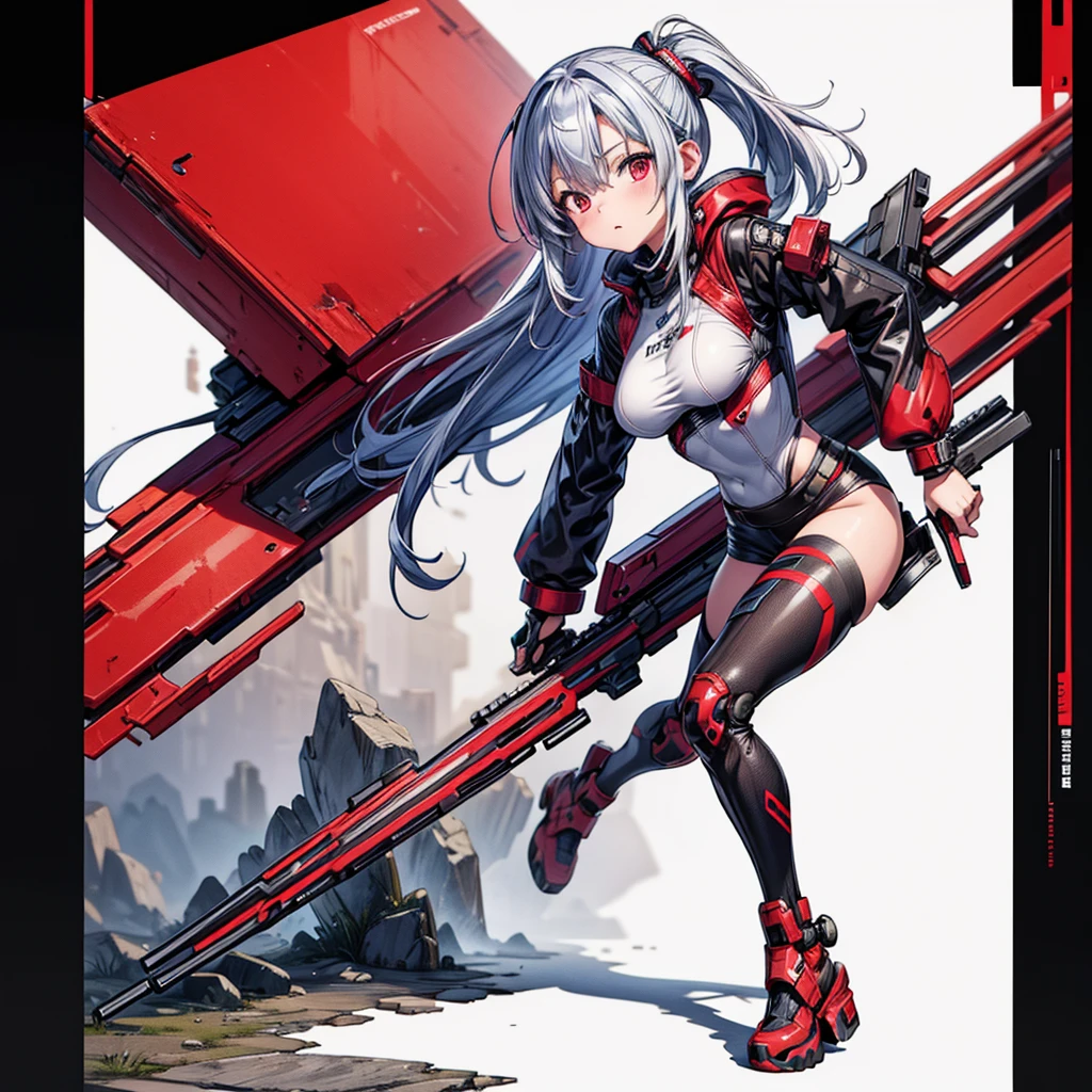 (masterpiece,  best quality), ( Perfect Athletic Body :1.2), (Detailed Hair), Super detailed,  Anime style , Full Body,  cyberpunk ninja gunner girl, Wearing techwear, Red accessories ,  equipped with giant tech guns , Black and white hair, stew, Mechanical Arm Guard, Wear tech boots, 8k high resolution,  trending art stations ,  White background , Standing in the Wilderness, whole body,