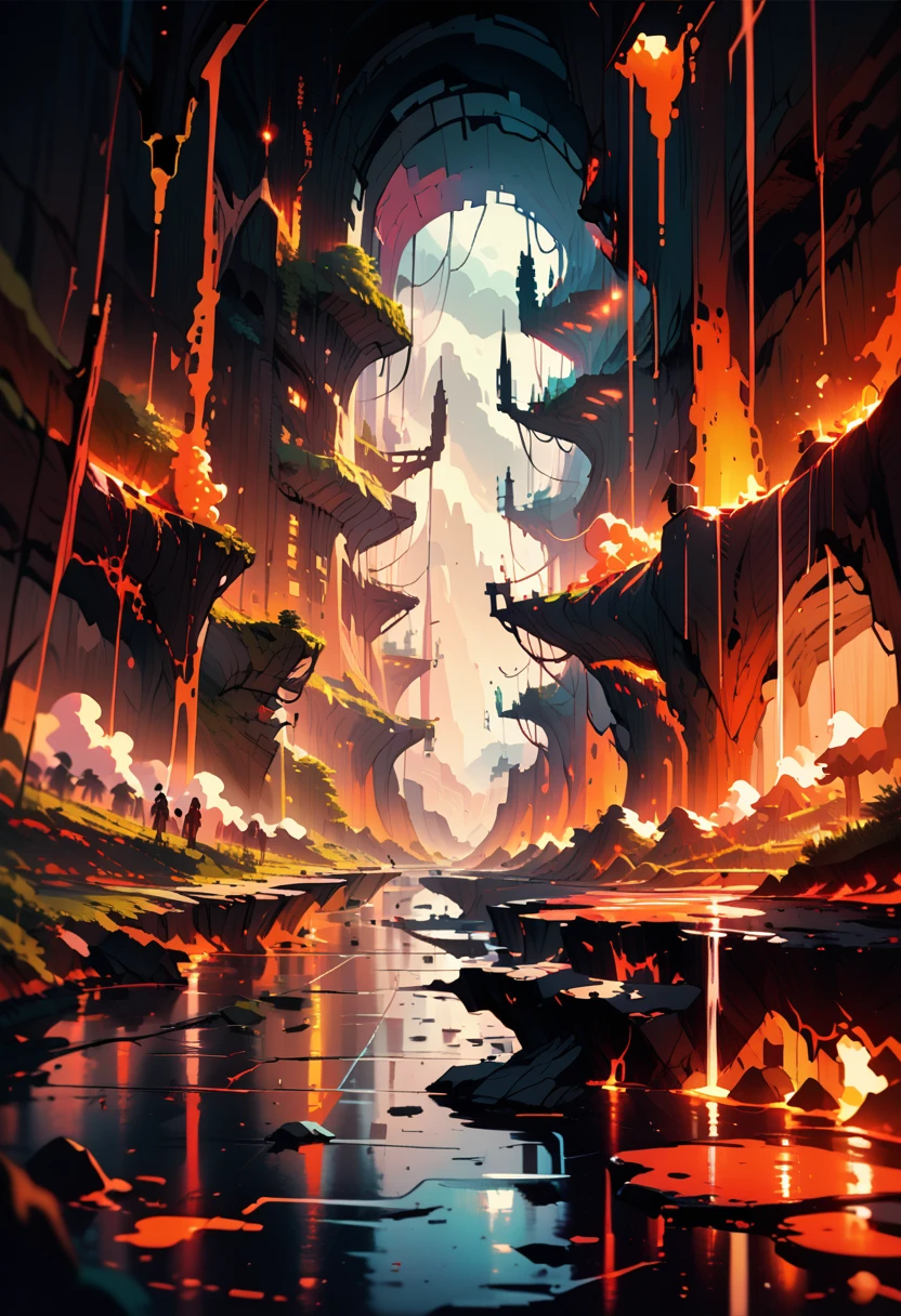 Cave interior scene, Horizontal Scene, Scene with a game sideboard, retro cyberpunk style, The Age of Steam, Parallel perspective, cyberpunk, Lava Cave Scene, Beware, retro