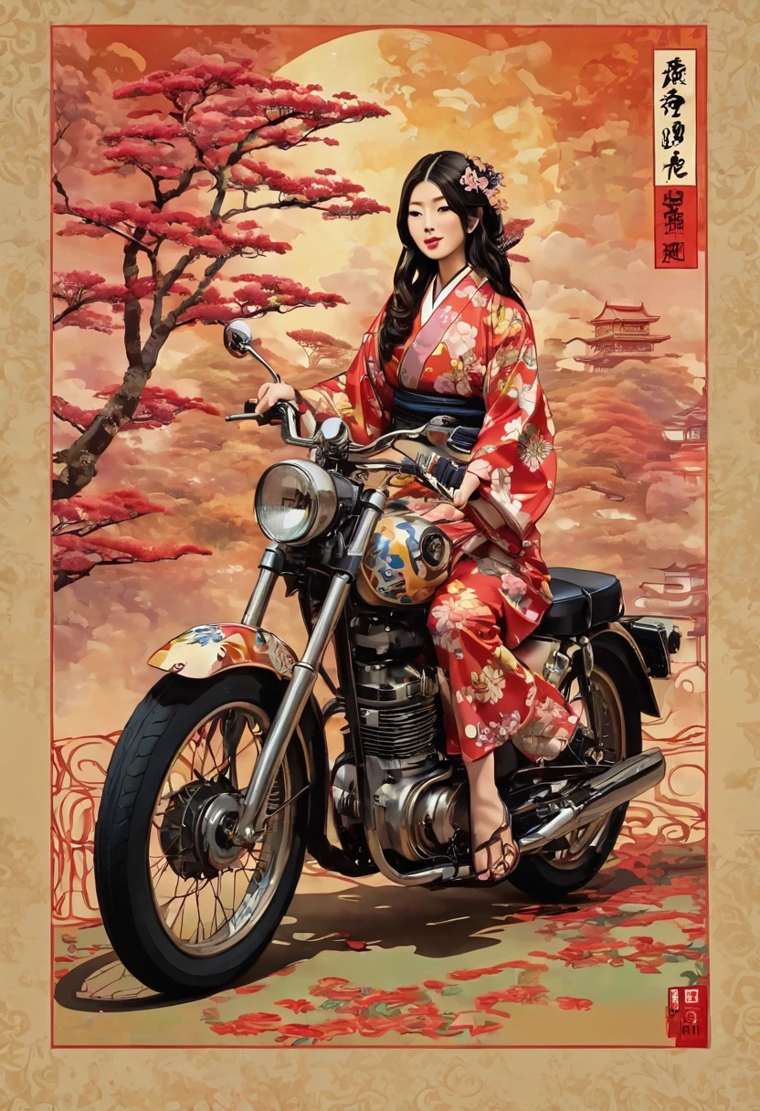 Girl riding an antique motorcycle、Motorcycle design featuring traditional Japanese patterns、A beautiful girl wearing a Japanese-style rider suit、Japanese traditional art、Kimono-like Japanese style、Japanese style、Shangri-La、Pop Art、psychedelic、Highest quality、Masterpiece、
