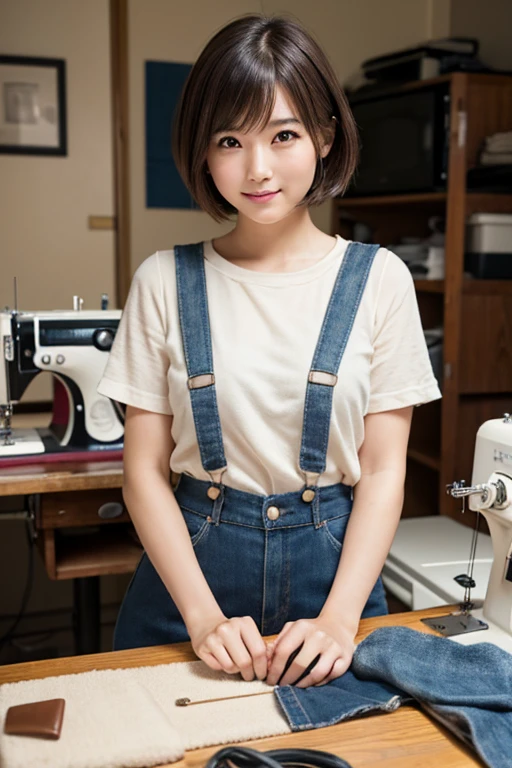 (8k, best quality, masterpiece:1.2), (realistic, photo-realistic:1.37), super detailed, 1 Foxconn worker girl, cute, cheek sitting on assembly line, (nose red), (smile: 1.15), (shut up) big breasts, beautiful and delicate eyes, (collar shirt: 1.1), night, overalls, short black hair, white lace, (short hair: 1.2), floating hair NovaFrogStyle --auto --s2