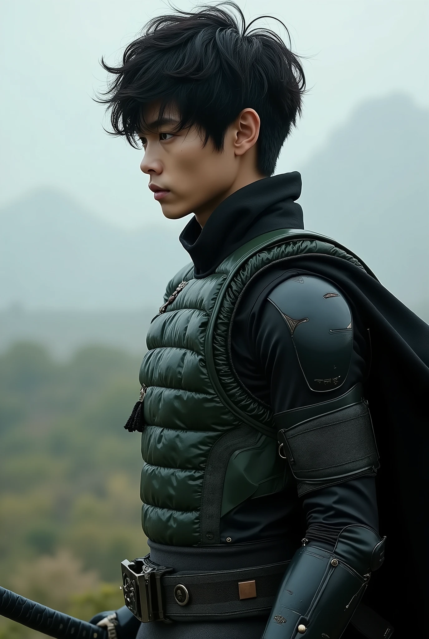 there is a man standing in a field looking at his cell phone, still from live action movie, Inspired by Zhang Han, profile shot, Taoist, kousuke oono, inspired by Ueda Fumito, cover photo portrait of du juan, inspired by Huang Gongwang, hiro, Highlight, inspired by jeonseok lee, inspired by Liang Kai