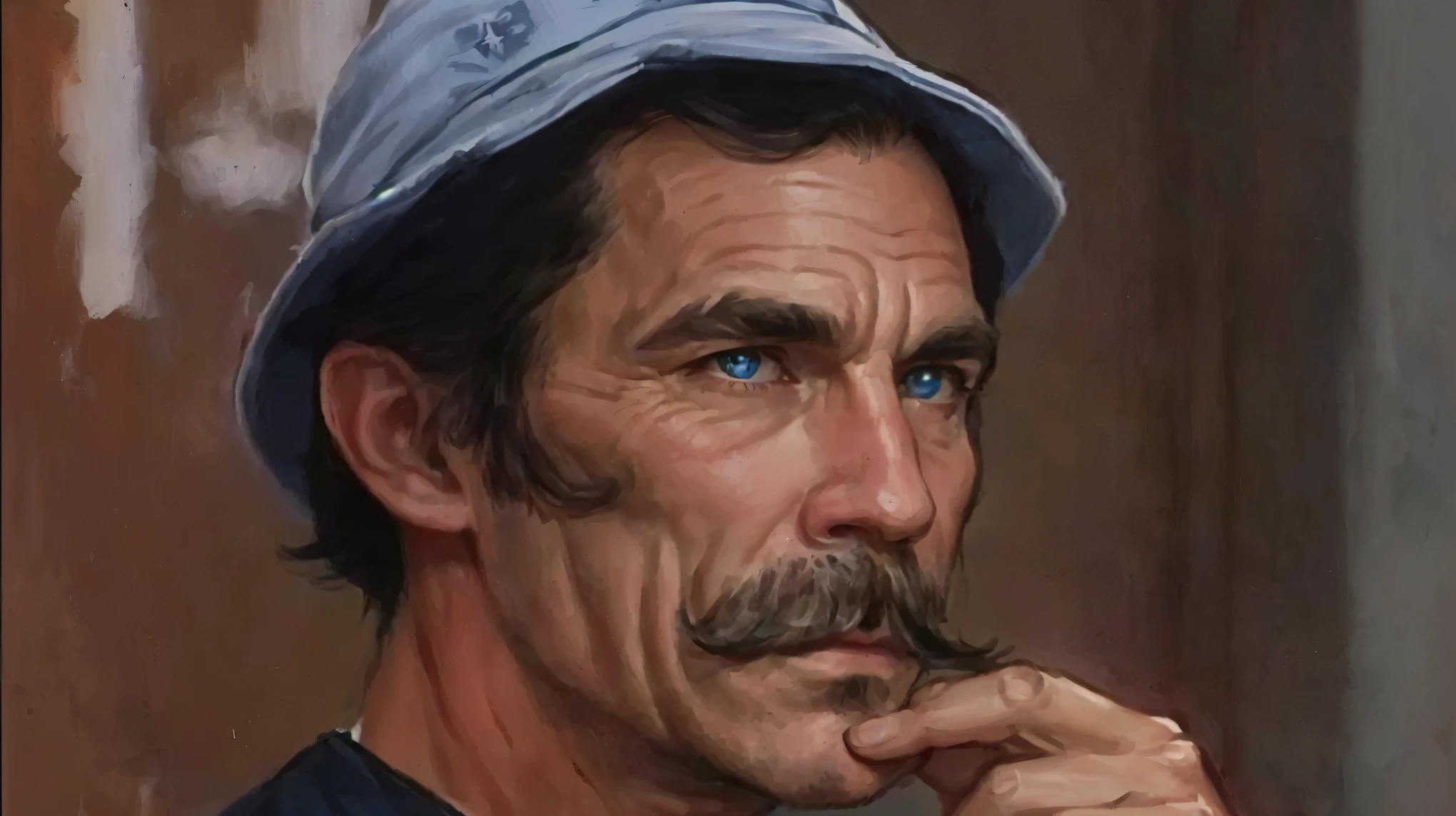 there is a man with a mustache and a hat on, Dom Ramon, light blue anime eyes, happy,  oldman with mustach, Gary Giz, thin moustache, Christian Billy, basil gogos, long chin, Inspired by Glennray Tutor, bushy mustache, Bill Stoneham, Tom Finland, leonard nimoy, Clyde Waldwell, Pepper Bob, starving artist wearing overalls, quint