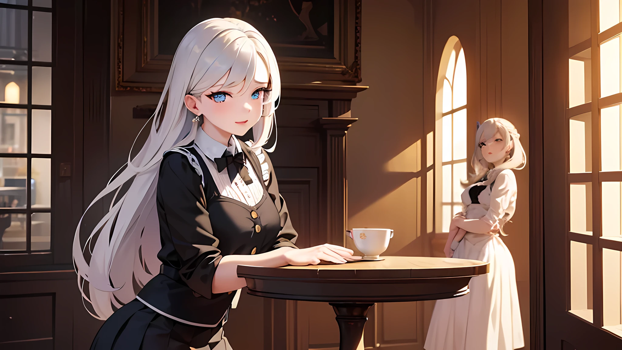 beautiful young woman in her 20s, standing at the entrance of a cute cafe, silver-colored long hair with light curls, wearing a white collared shirt and a black skirt, slender figure, extremely detailed face and eyes, beautiful detailed lips, longeyelashes, 1girl, photo-realistic, studio lighting, highres, cinematic lighting, warm color tones, natural lighting, golden hour lighting, elegant, charming, peaceful, warm atmosphere, intricate details, photorealistic, highly detailed, 8k, masterpiece