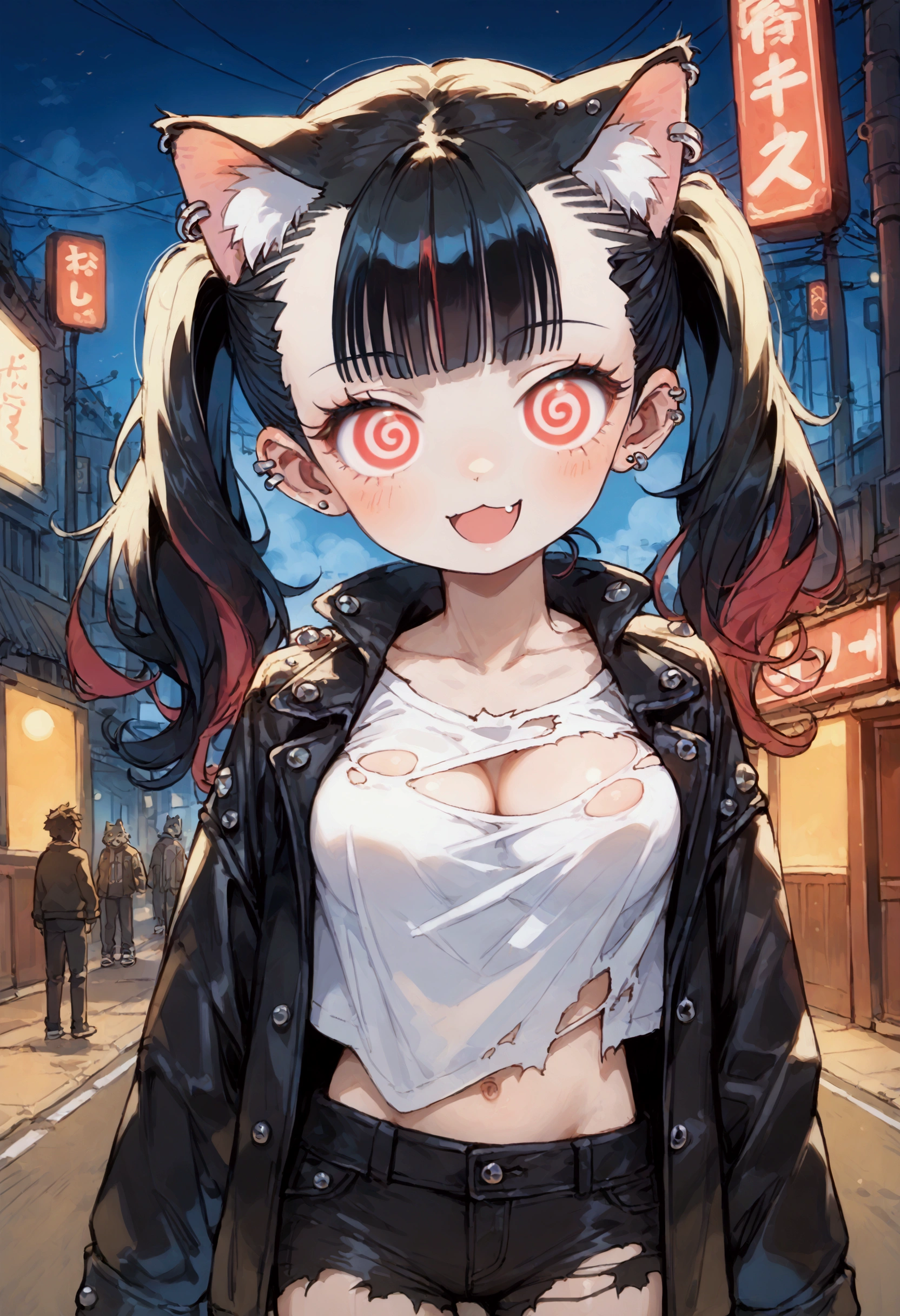 solo,1girl\(cute, kawaii, ,(evil smile:1.2),open mouth, fang, (black hair:1),(long hair),(twin tails hair),pale skin, skin color blue, red eyes, eyes shining, (big eyes),(breast:1.4),(punk fashion:1.6),(ripped clothes:1.5),(tight tube top),(tight hot pants),(stomach shown:0.8),(ripped black short jacket:1.4),(fluffy black cat-ear:1.4),(dynamic pose:1.2), spiralwash eyes, spiral eyes,bang\), BREAK ,background\(outside, noisy city, backstreet, narrow street, neon lights, at night\),score_9, score_8_up, score_7_up, score_6_up, score_5_up, score_4_up, source_anime,source_furry,rating_safe,rating_questionable,masterpiece, best quality, perfect anatomy , very aesthetic , absurdres ,