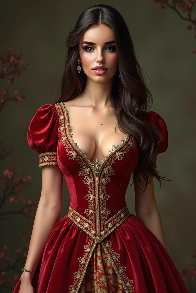 A woman in red Royal victorian era dress, red Royal victorian era ball gown, big breast, big cleavage in chest,