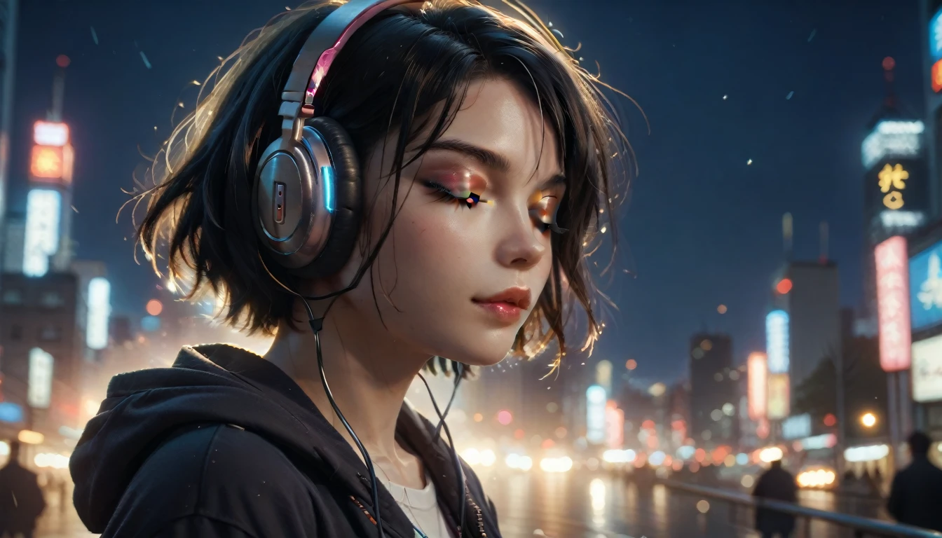 Detailed and detailed depictions, cel style, vivid details,　A girl in the twilight in the evening city of Tokyo, the girl is wearing headphones and her eyes are closed, beautiful black hair with short hair