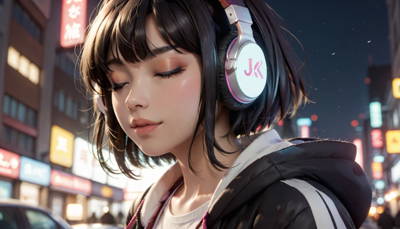 Detailed and detailed depictions, cel style, vivid details,　A girl in the twilight in the evening city of Tokyo, the girl is wearing headphones and her eyes are closed, beautiful black hair with short hair