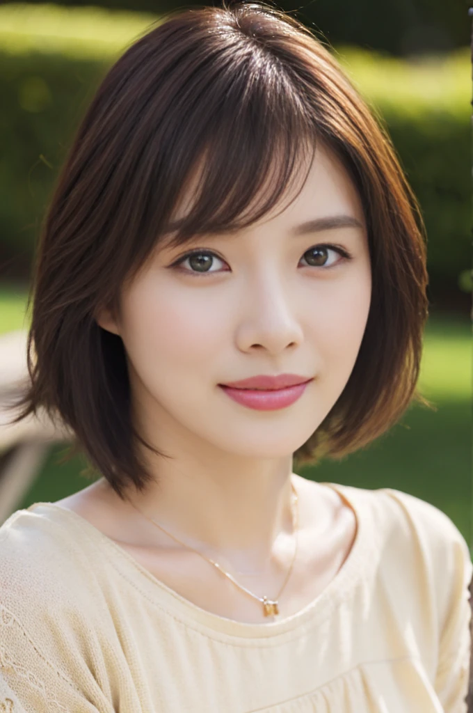 （Highest quality，Hyper HD, Tabletop,Super Detail）、((Very Short Hair))、Light brown hair、Brown Eyes、（Live-action realistic style）、Very beautiful face、Photorealistic Light and Shadows、Distinct facial features,Milky skin,Fair skin,Realistic skin detail,Visible pores,Whole Body Ezbian,（Flowing Hair）,Extravagant space,Browsing Caution：1.07、((Big natural breasts)),((Big natural tits))、bangs,big, Slim figure,、Beige knit dress、Detailed knit fabric、Petite figure、Long skirt dress、Park in the evening、Sitting on a bench、Simple design necklace