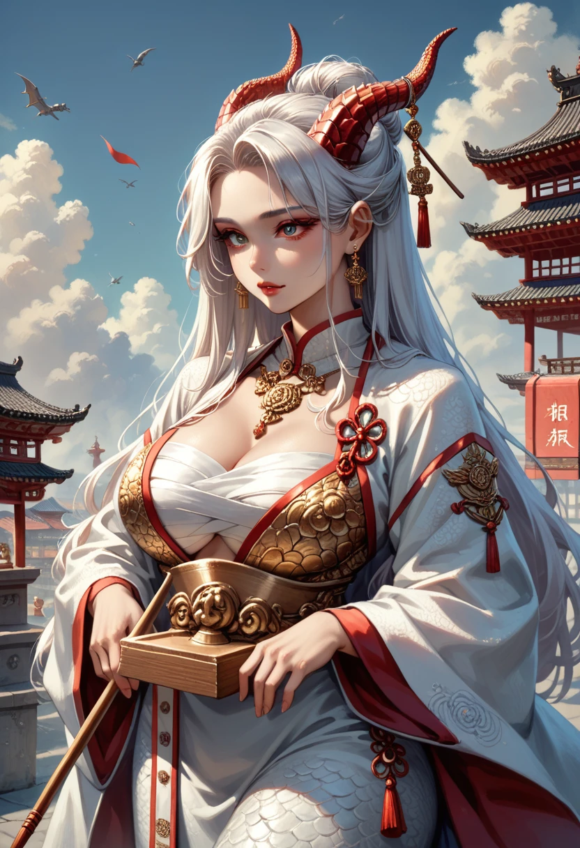 cloud,tornado,beauty.Elegant,Oriental White Dragon Girl,Dragon Horn,dragon hair accessories,Long white hair flowing down,Large Breasts,Wearing ancient dragon scale armor,holding ancient spear,Handle length 9 inches,Carving Texture,Tip length 6 inches,