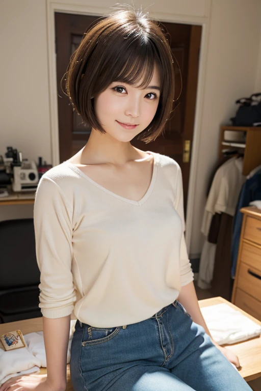 (highest quality、8k、32k、masterpiece、Hmph:1.2)、(((Brown short bob)))、((smile))、(((I'm showing my teeth and smiling,)))、Cute Japanese woman 26 years old photo、Soft looking breasts、No bra、Ample breasts、Face Focus、White T-shirt、necklace、A single carnation、From above、Looking at the audience、Dynamic Shadows、blonde、Wet shiny hair、Shine, Watery eye、((In a crowded train)),