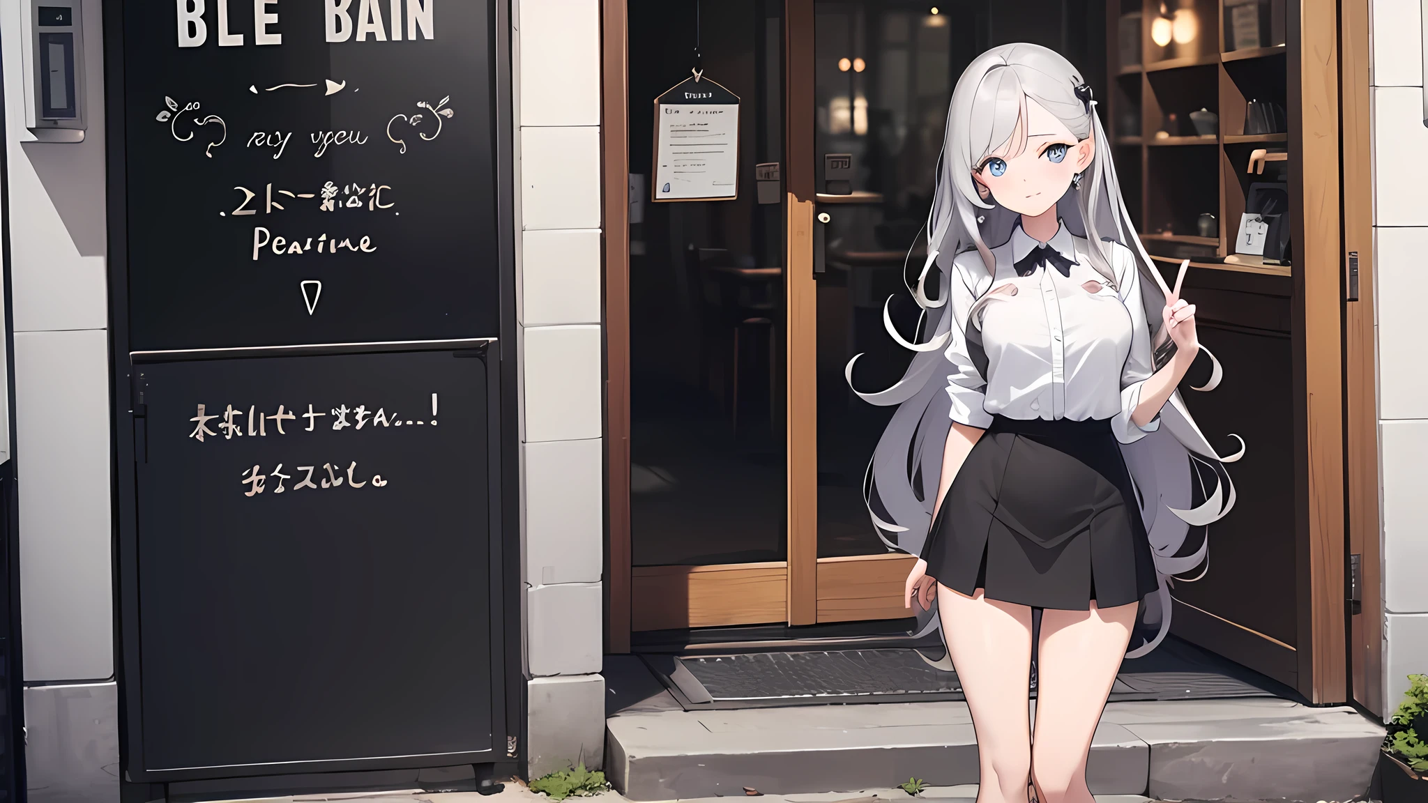 a young beautiful woman in her 20s, standing at the entrance of a cute cafe, silver long curly hair, wearing a white collared shirt and black skirt, slim figure