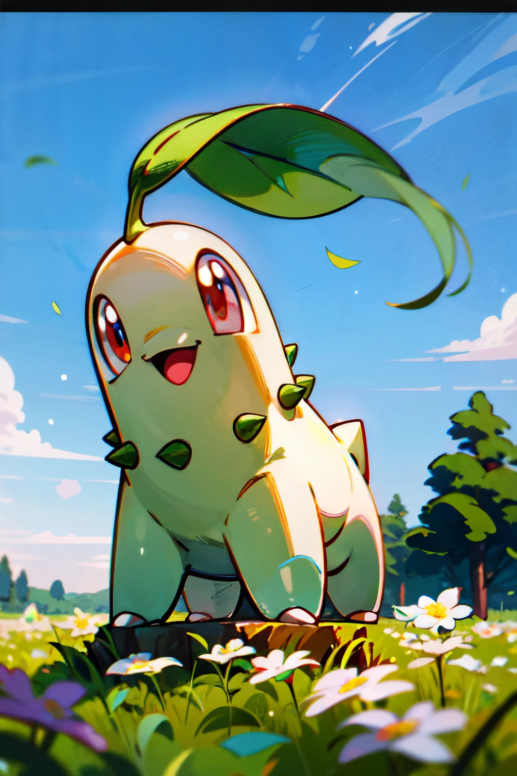 (masterpiece, best quality:1.2), highly detailed, POV, illustration, 1pokemon, chikorita, happy, blue sky, white flower field background, absurdres