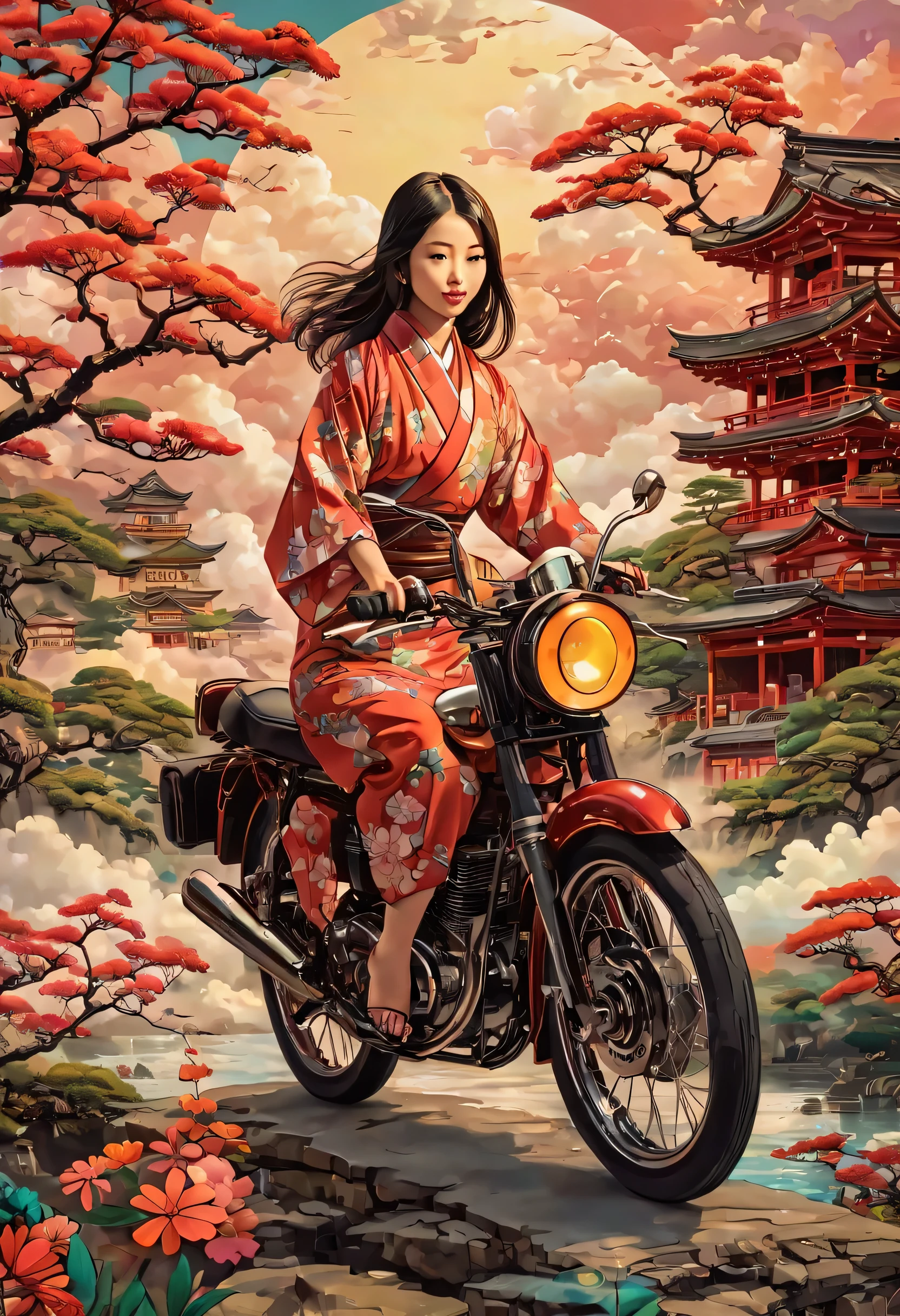 Girl riding an antique motorcycle、Motorcycle design featuring traditional Japanese patterns、A beautiful girl wearing a Japanese-style rider suit、Japanese traditional art、Kimono-like Japanese style、Japanese style、Shangri-La、Pop Art、psychedelic、Highest quality、Masterpiece、
