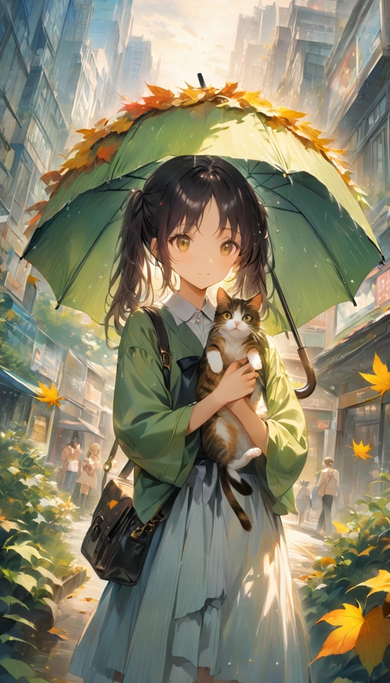 ((Highest quality)), ((masterpiece)), (detailed), 8k, Trying to rescue an abandoned cat in the park in the autumn rain、Cute Japanese Women、A little wet cute clothes、Protecting a kitten from the rain with an umbrella、In the park, where there is still a lot of greenery and autumn leaves, the clouds are starting to brighten up a little.、A woman warmly looks at a slightly anxious kitten、Conceptual Art, jpeg artifacts, First Person View, Cats nearby, Ultra-high resolution, Anatomically correct, Attention to detail, Super Detail