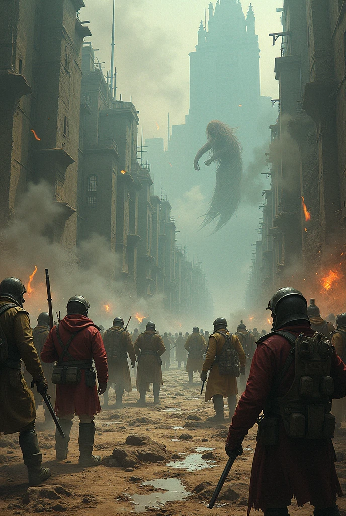 arafed image of a group of people walking down a street with fire coming out of them, from the tusk movie, inspired by Nikolai Ge, riot entertainment, screengrab, shattering walls, advertising visualization, poland, revolvers, swarm of bats, imagery --auto --s2