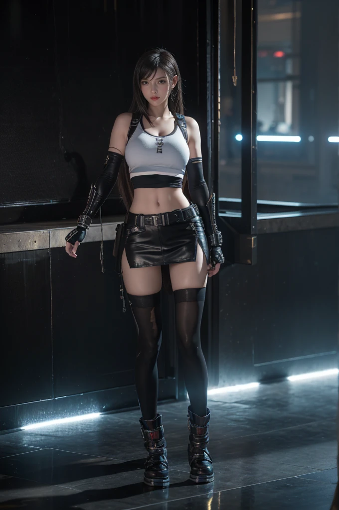 Cinematic Game art，(Tifa style from final fantasy game),The best picture quality，Highest resolution，8K，(Portrait full body:1.5)，(Head close-up)，(Rule of thirds)，Unreal Engine 5 rendering works， (The Girl of the Future)，(Female Warrior)，20-year-old girl，An eye rich in detail，(Big breasts)，Elegant and noble，indifferent，brave，(Future style combat suit combining the characteristics of ancient armor，Ancient runes of light，Combat accessories with rich details，Metallic luster)，Future police，cyberpunk characters，photo poses，simple background，Movie lights，Ray tracing，Game CG，((3D Unreal Engine))，OC rendering reflection pattern,Anatomically Correct, Textured Skin, 