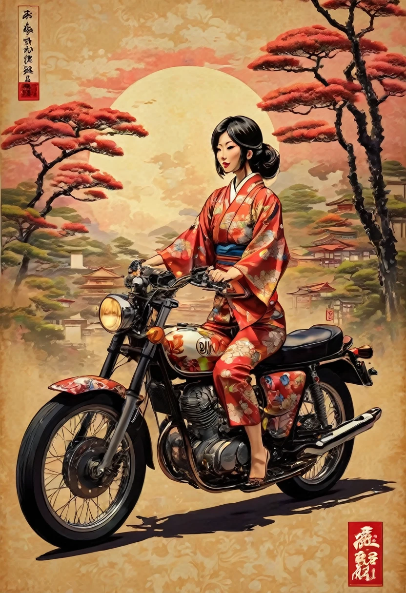 A girl riding an old-fashioned full-cowl motorcycle、Motorcycle design featuring traditional Japanese patterns、A beautiful girl wearing a racing suit with a Japanese pattern、Japanese traditional art、Kimono-like Japanese style、Japanese style、Shangri-La、Pop Art、psychedelic、Highest quality、Masterpiece、
