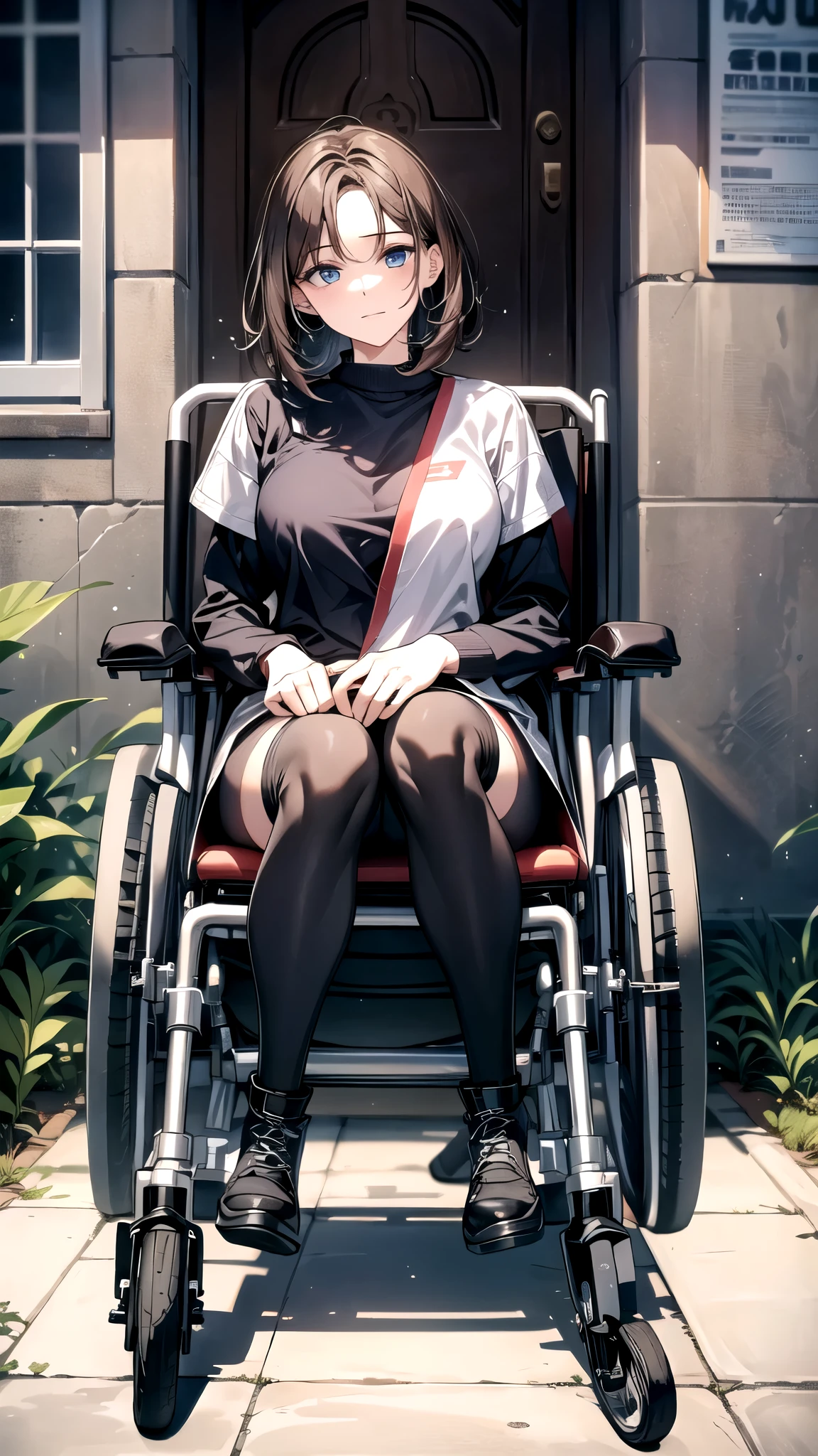 A woman in a wheelchair is sitting in front of the hospital,disabled,slender body,thin body,thin legs,Sitting in a wheelchair,plastic leg brace,metaric leg beace,wheelchair, Boots With Brace,A 30-year-old woman, Wearing spectacular bionic implants, A wonderful masterpiece, A wonderful masterpiece, Wearing bionic implants,braced legs, artificial, A stunning masterpiece.