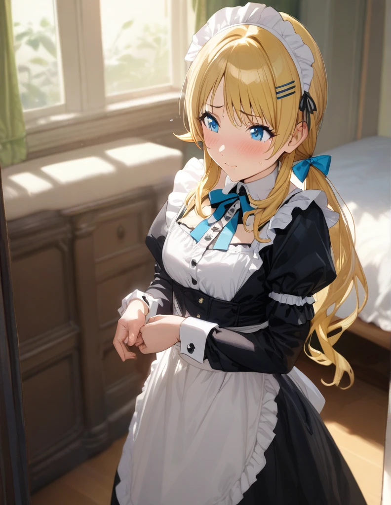 (masterpiece),(Highest quality),(Very detailed),(Best illustrations),(Best Shadow),(Absurd),(Detailed Background),(so beautiful), 
Official Style,

Meguru Hachimiya, blonde hair, long hair, Blue eyes,

the idolmaster shiny colors,
low twintail,
chest,
blush,
embarrassed,

edwardian Maid,

alone,
bedroom,
Background Blur, 
focus on face,
realistic skin,
cowboy shot,