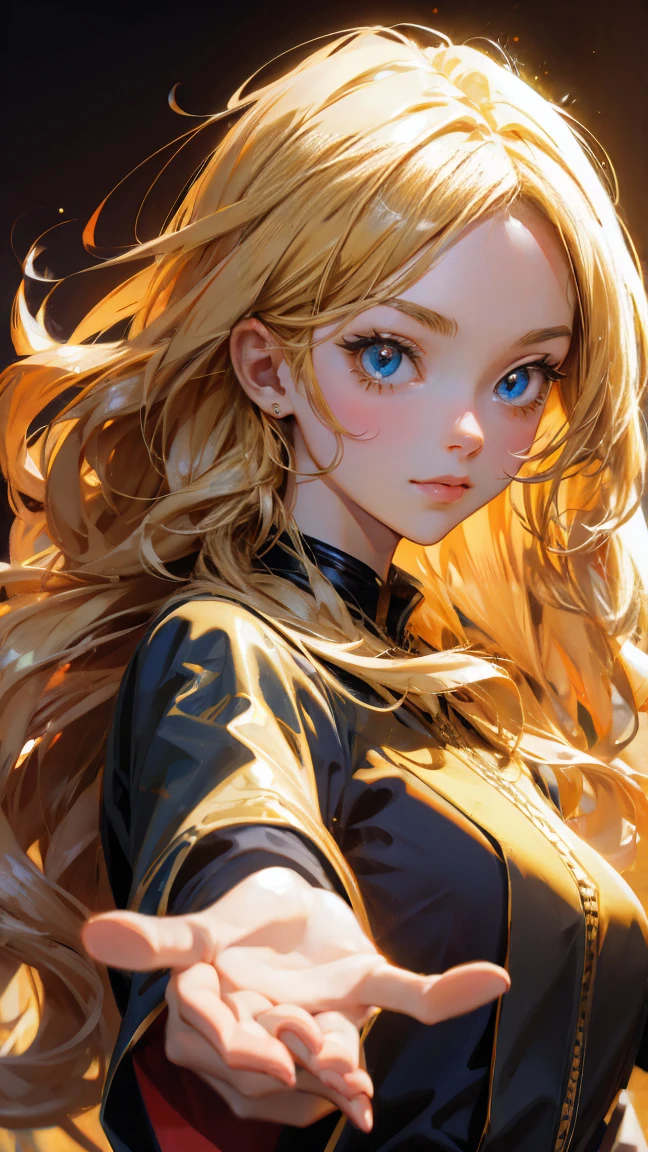 4K Anime girl, welcoming gesture, golden hair highlights (#DAA520), radiant smile, standing at open garden gate, inviting pose, flowing summer dress, lush garden background, warm sunlight, ultra-sharp, detailed --ar 13:20 --no text fonts letters watermark words typography slogans signature --niji 6