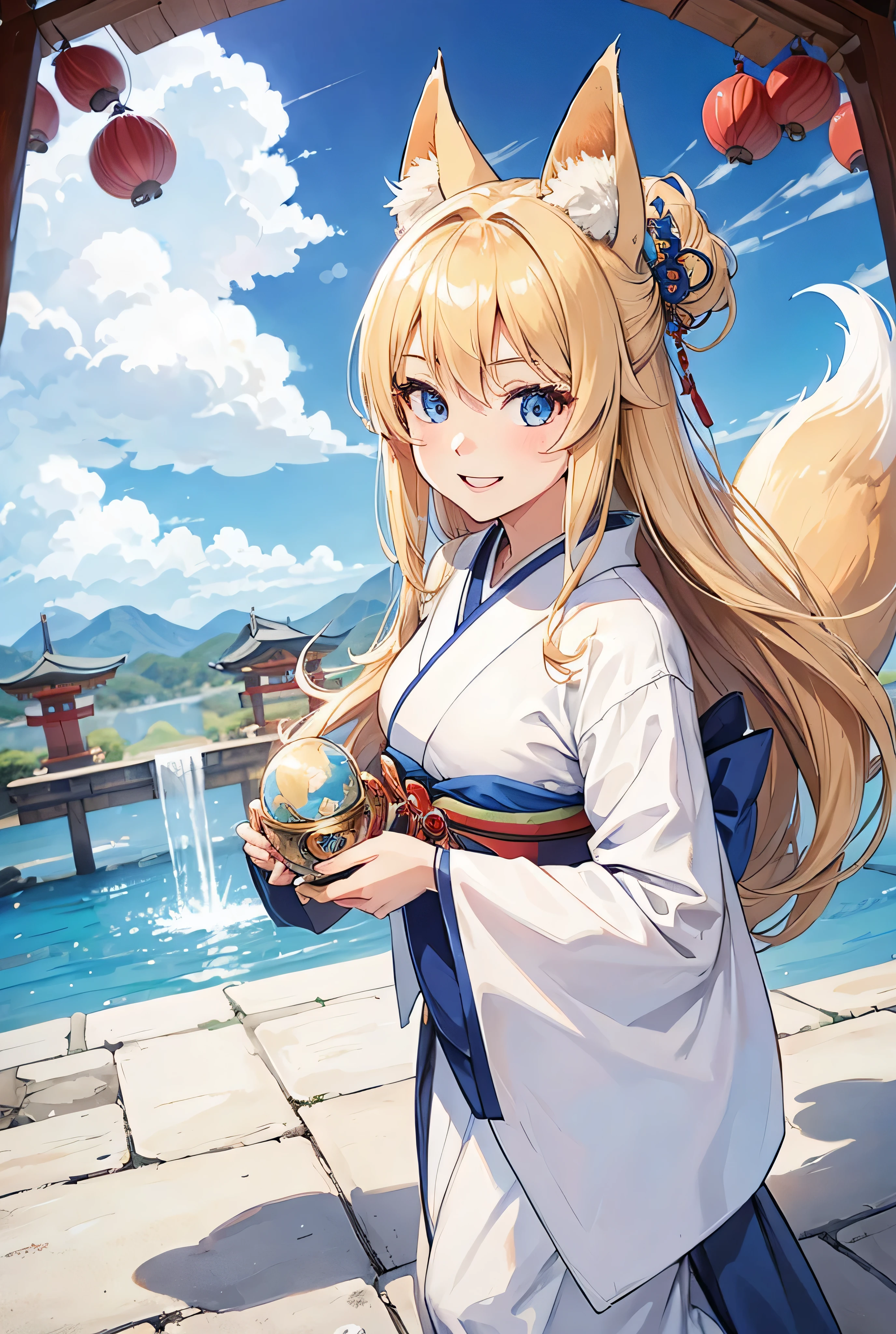One Girl, Long Hair, Big smile, Blonde, Blue Eyes, White kimono, shrine, Highest quality, High-resolution models, Fox ears, Fisheye Shot,