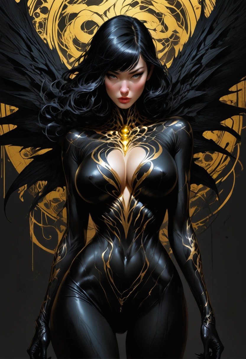 (The Venom symbiote is a woman), depicted in full height in the style of Andy Warhol collaboration Ilya Kuvshinov, with an expression of aggression on her face, body posture suggests that big breasts are baked forward, fingers with huge claws that she can attack right now, dressed in a stunning black and gold outfit, with intricate details etched into every inch of her face and body. Their powerful wings, reminiscent of celestial creatures, give an unearthly shade to their already impressive appearance. This image will make you tremble.

