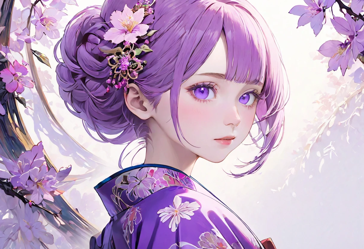 (((White background)))、2、Unity 8k wallpaper、Super detailed、Beautiful and aesthetic、masterpiece、Highest quality、(Fractal Art:1.3)、One Woman、, violet eyes, Beautiful violet  hair、Japanese、Big pink、Violet kimono、Japanese..., violet hair, violet eyes, chignon