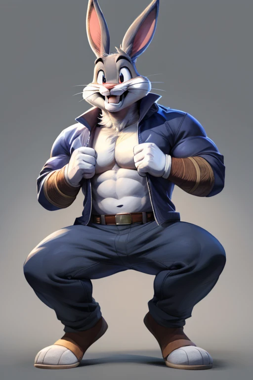 Solo, Furry, Anthro, Bugs Bunny, Male, E621, Standing, Muscular, Hands behind back, Wearing underwear, Plain background, Front view, Light skin, By bebebebebe