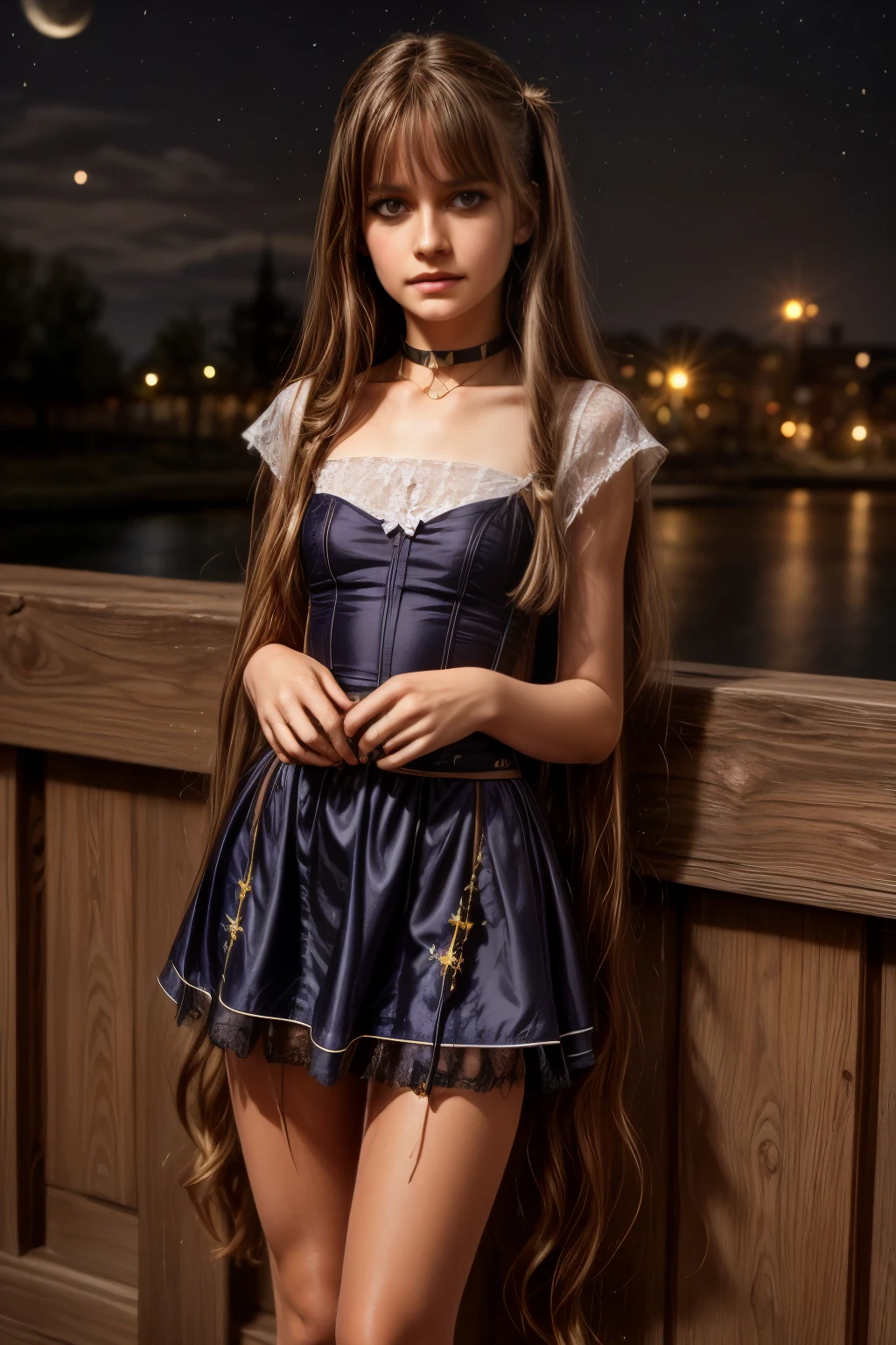 girl, located in the corner, looking at the sky, solo, Mona (Genshin Impact), choker, hair between eyes, star (symbol), long hair, dark purple hair, twintails, blue eyes, shining eyes, jewelry, witch, maid, bangs, purple black dress, purple skirt, white apron, landscape, night sky, star (sky), starry sky, night, outdoor, clouds, reflection, water, magic, tarot, water magic, ((beautiful golden crystal star)), space, water droplets, splash