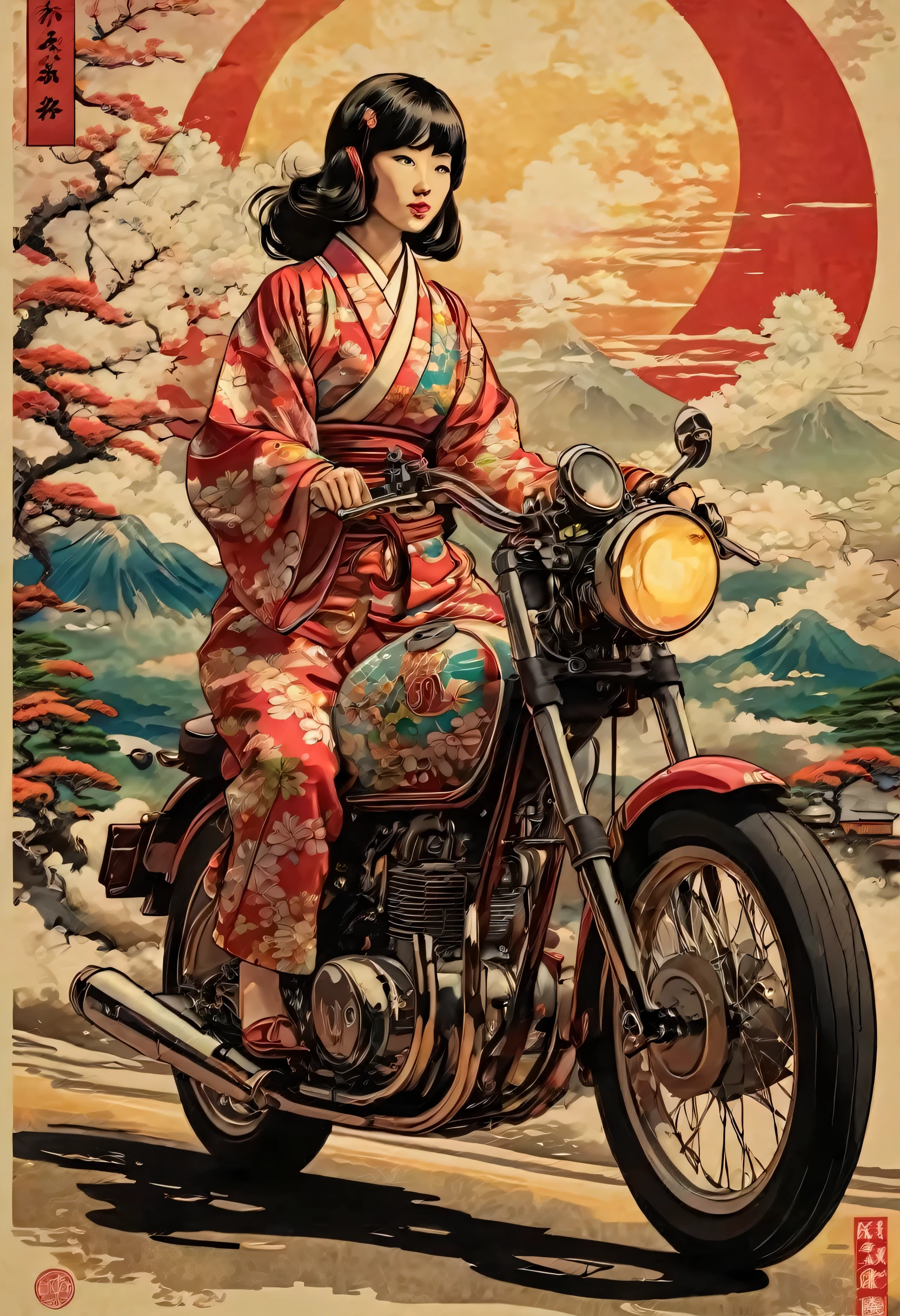 A girl riding an old-fashioned full-cowl motorcycle、Motorcycle design featuring traditional Japanese patterns、A beautiful girl wearing a racing suit with a Japanese pattern、Japanese traditional art、Kimono-like Japanese style、Japanese style、Shangri-La、Pop Art、psychedelic、Highest quality、Masterpiece、
