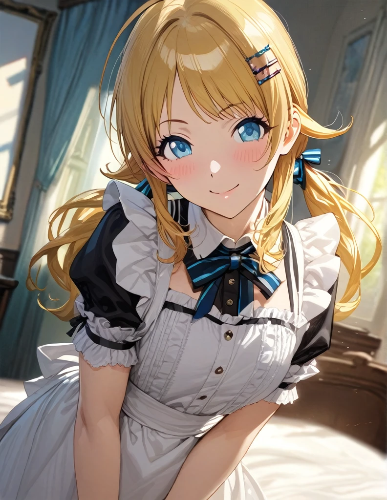 (masterpiece),(Highest quality),(Very detailed),(Best illustrations),(Best Shadow),(Absurd),(Detailed Background),(so beautiful), 
Official Style,

Meguru Hachimiya, blonde hair, long hair, Blue eyes,

the idolmaster shiny colors,
low twintail,
chest,
blush,
smile,

edwardian Maid,

alone,
bedroom,
Background Blur, 
focus on face,
realistic skin,
cowboy shot,