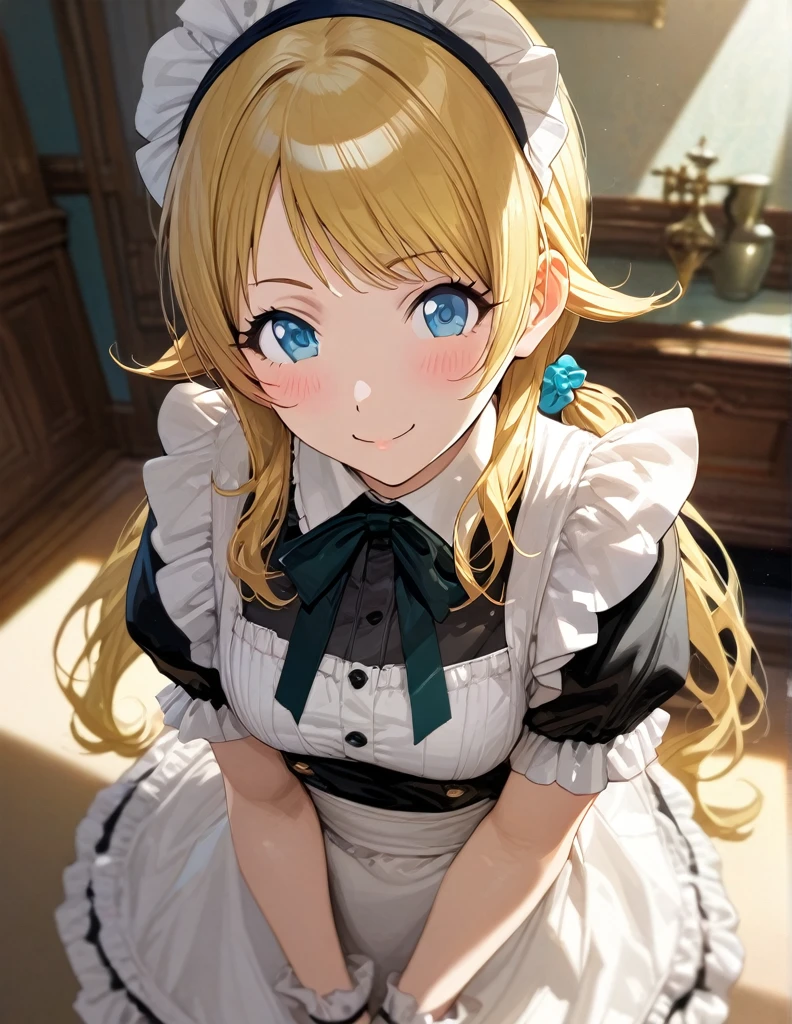 (masterpiece),(Highest quality),(Very detailed),(Best illustrations),(Best Shadow),(Absurd),(Detailed Background),(so beautiful), 
Official Style,

Meguru Hachimiya, blonde hair, long hair, Blue eyes,

the idolmaster shiny colors,
low twintail,
chest,
blush,
smile,

edwardian Maid,

alone,
bedroom,
Background Blur, 
focus on face,
realistic skin,
cowboy shot,