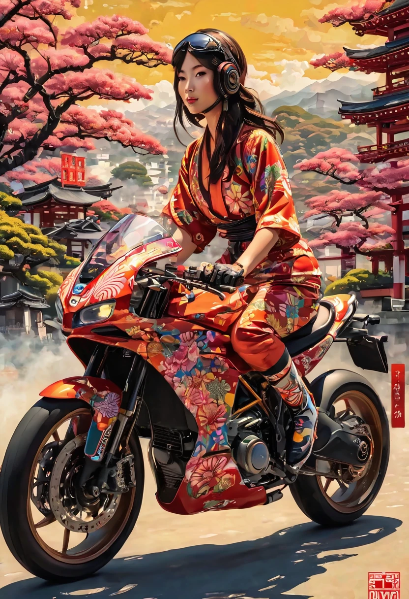 Girl riding a Ducati motorcycle、Motorcycle design featuring traditional Japanese patterns、A beautiful girl wearing a racing suit with a Japanese pattern、Japanese traditional art、Kimono-like Japanese style、Japanese style、Shangri-La、Pop Art、psychedelic、Highest quality、Masterpiece、
