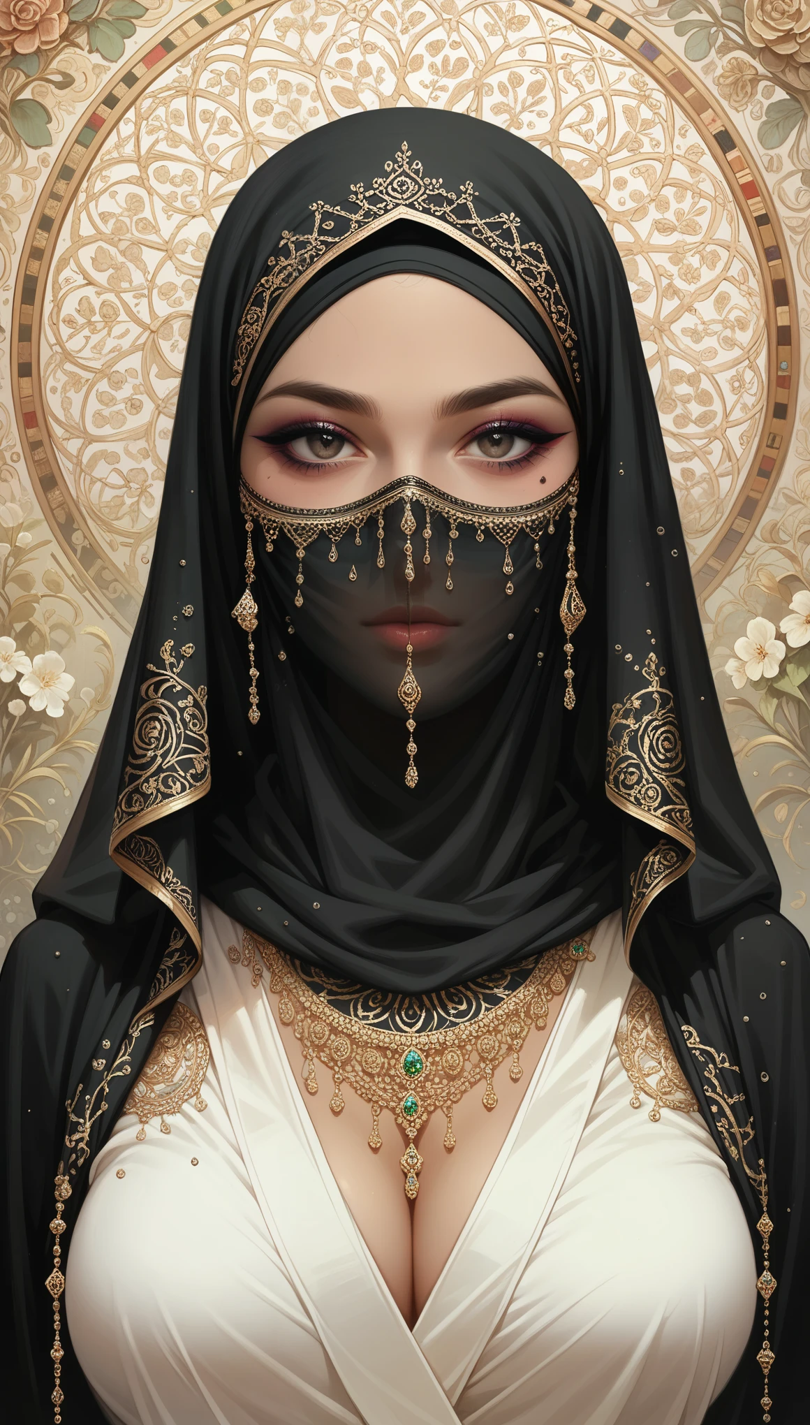 Best quality, detailed, 
mammal, female, three-quarter portrait, front view, looking at viewer, 
1girl, ((human, thinbody:1)), intricate, kimono, (eyeliner:1.2), looking at viewer, silk hijab, face veil, jewelry, detailed background, breasts
(Sharp focus, masterpiece, 8k, intricate artwork, hyper detailed, high detail),
