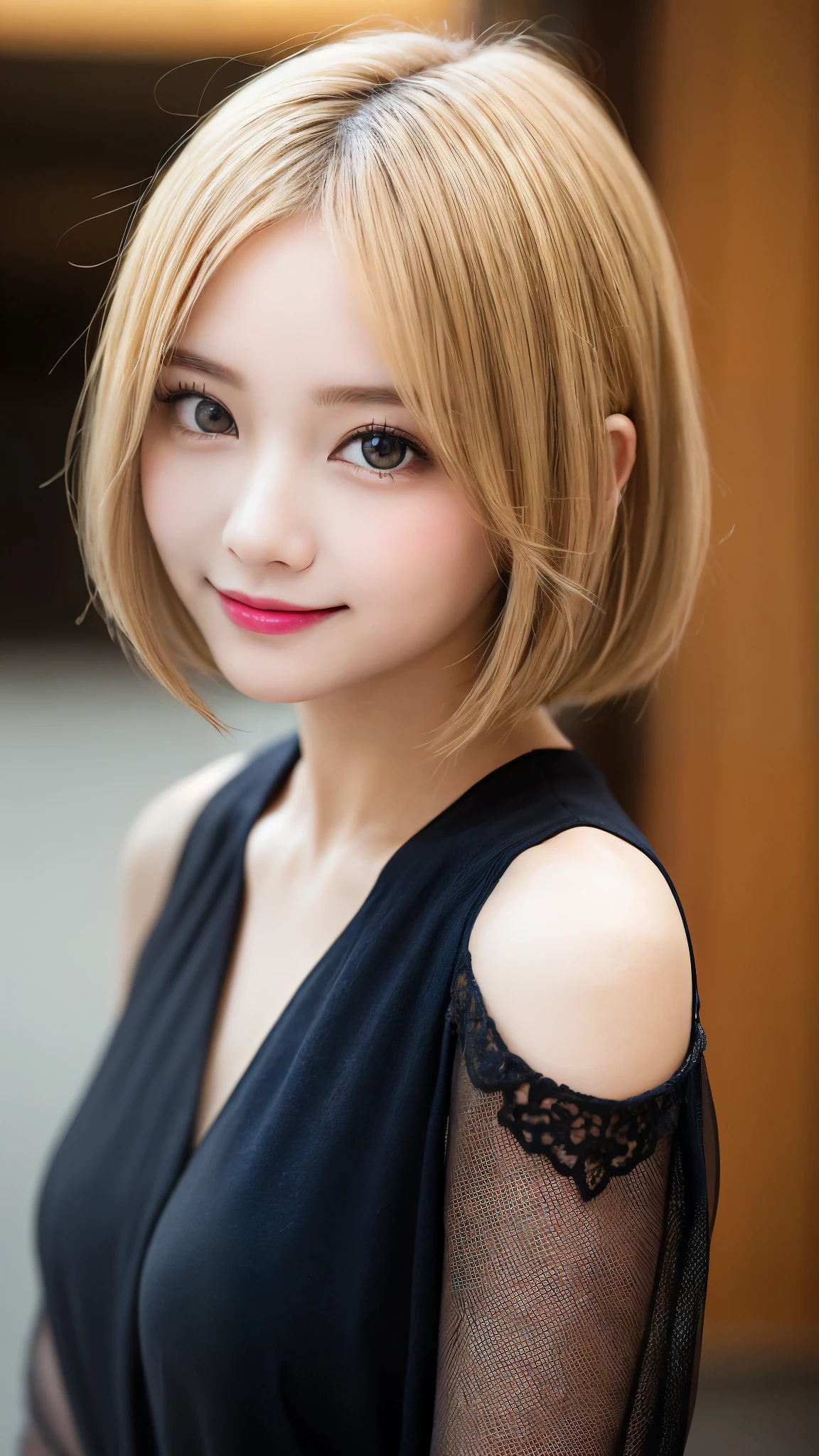 Tabletop、highest quality、An illustration、Super fine、Fine、High resolution、8k wallpaper、Perfect dynamic composition、Detailed and beautiful eyes、Summer women&#39;s fashion、Blonde Bob、Natural color lip small breasts、Sexy and bold pose、SMILE、Harajuku、 20 year old girl、cute、Sexy all over the body、(Cosplay)、Bust Emphasis