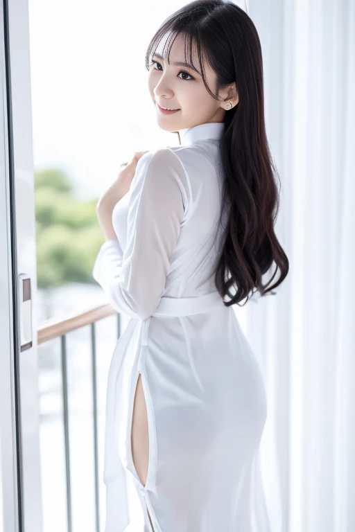 ((He wears a transparent raincoat made of vinyl.))、((back view))、(highest quality、masterpiece)、NSFW、Stylish nudity、small breasts、cute underwear、embarrassing、blush、Female photographer、stylish room、cute room、Life、photo collection for girls、8k、flower crown、looking at the viewer、wavy hair、laughter、open your mouth and smile、smile、Good atmosphere on site