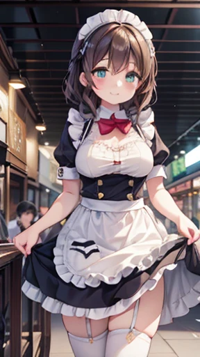 Highly detailed CG Unity 8k wallpaper, Top quality, Highly detailed, Masterpiece, Highly detailed pretty girl, 8 years old, (((lifting skirt by herself))), (lifting skirt by herself)), dynamic angles, sexy pose, blush, lips apart, looking at audience, half body shot, (crowd), (crowded big city)), hair over one eye, immaculate beauty, less revealing maid outfit, classical maid fashion