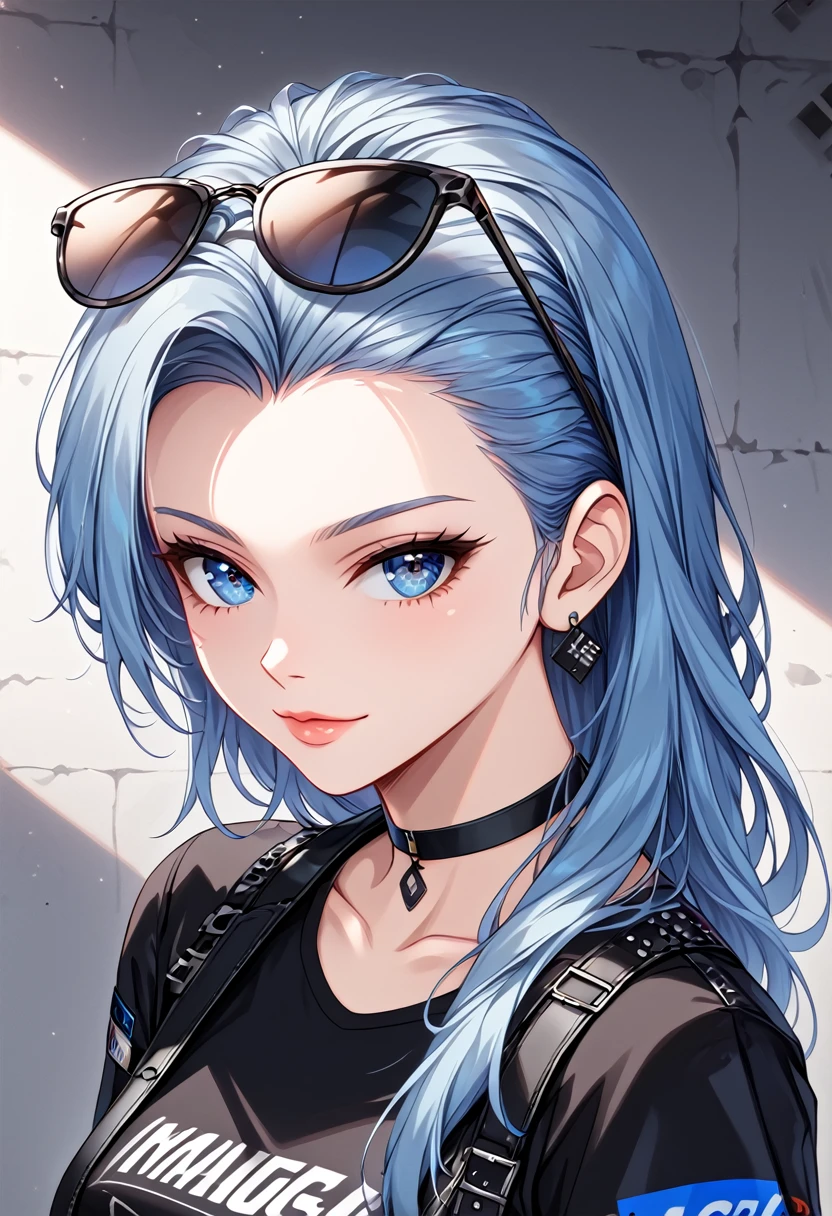 a girl,impasto,blue hair,edge of hair dye black,mullet hairstyle,slanted blue eyes,black Tshirt,black leather choker,black short pants,silver accessories,stylish blue arm sleeves,sunglasses,sexy,zoning off,high quality,