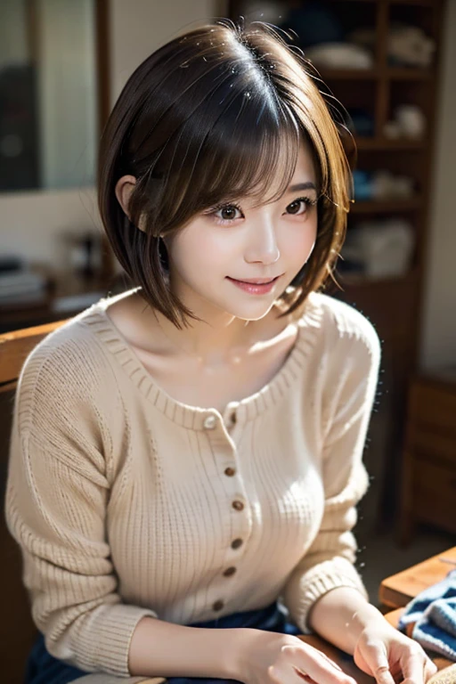 (masterpiece:1.3), (8K, Photorealistic, Raw photo, Best image quality: 1.4), Japanese schoolgirl、(Random Hairstyles:1.2)、Cleavage:1.2、Super detailed face、Attention to detail、double eyelid、Put your chest together、Sharp focus:1.2、Beautiful woman:1.4、Light brown hair、Highest quality、masterpiece、Ultra-high resolution、(Photorealistic:1.4)、Highly detailed and professionally lit smile、Loose, lightweight knitwear、Shoulder out、thin、Serious expression、Short-haired、Deadly position