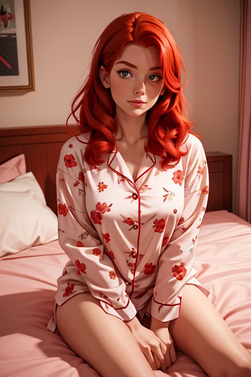 A woman in pink pajamas with a floral pattern is sitting on the bed.., Red-haired girl, beautiful red-haired woman, red-haired woman, young Red-haired girl, short bright red hair, red hair and attractive features, Anna Nikonova, aka newmilky, Red-haired girl, redhead, beautiful woman, posing in bed, redhead head, with short red hair, posing in the room
