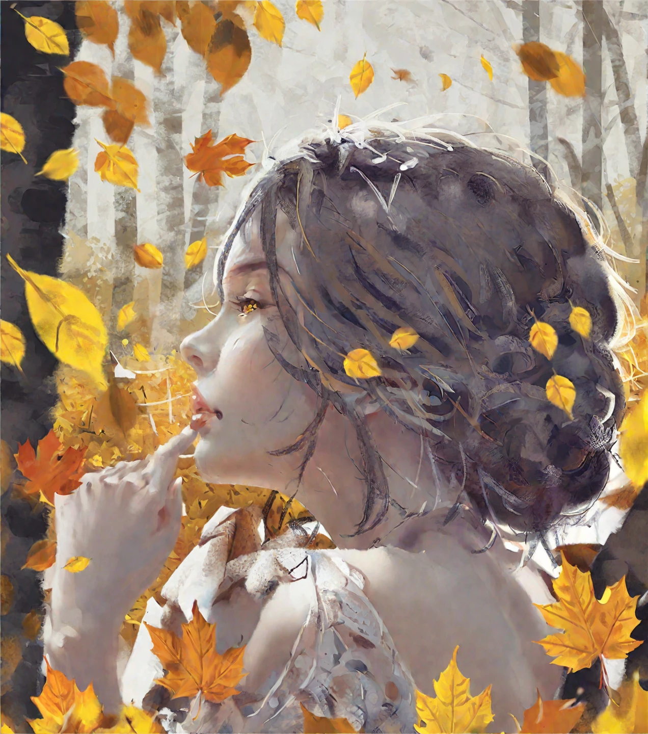 wgz style,Highly detailed portrait of a beautiful woman，yellow，Autumn scenery